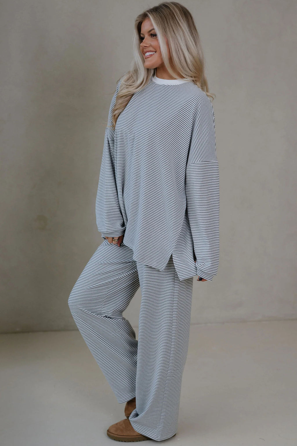 Pink Striped Drop Shoulder Long Sleeve Pant Set