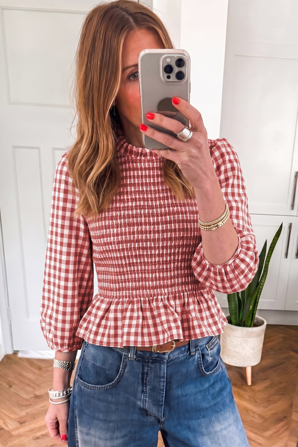 Brown 3/4 Sleeve Shirred Plaid Peplum Top
