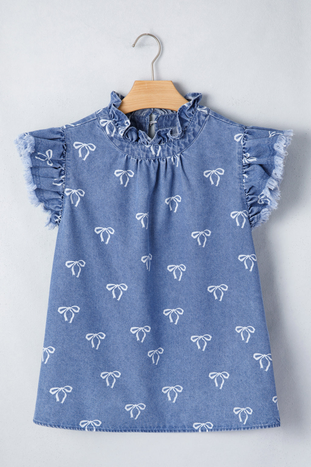 White Frilled Collar Flutter Sleeve Denim Top