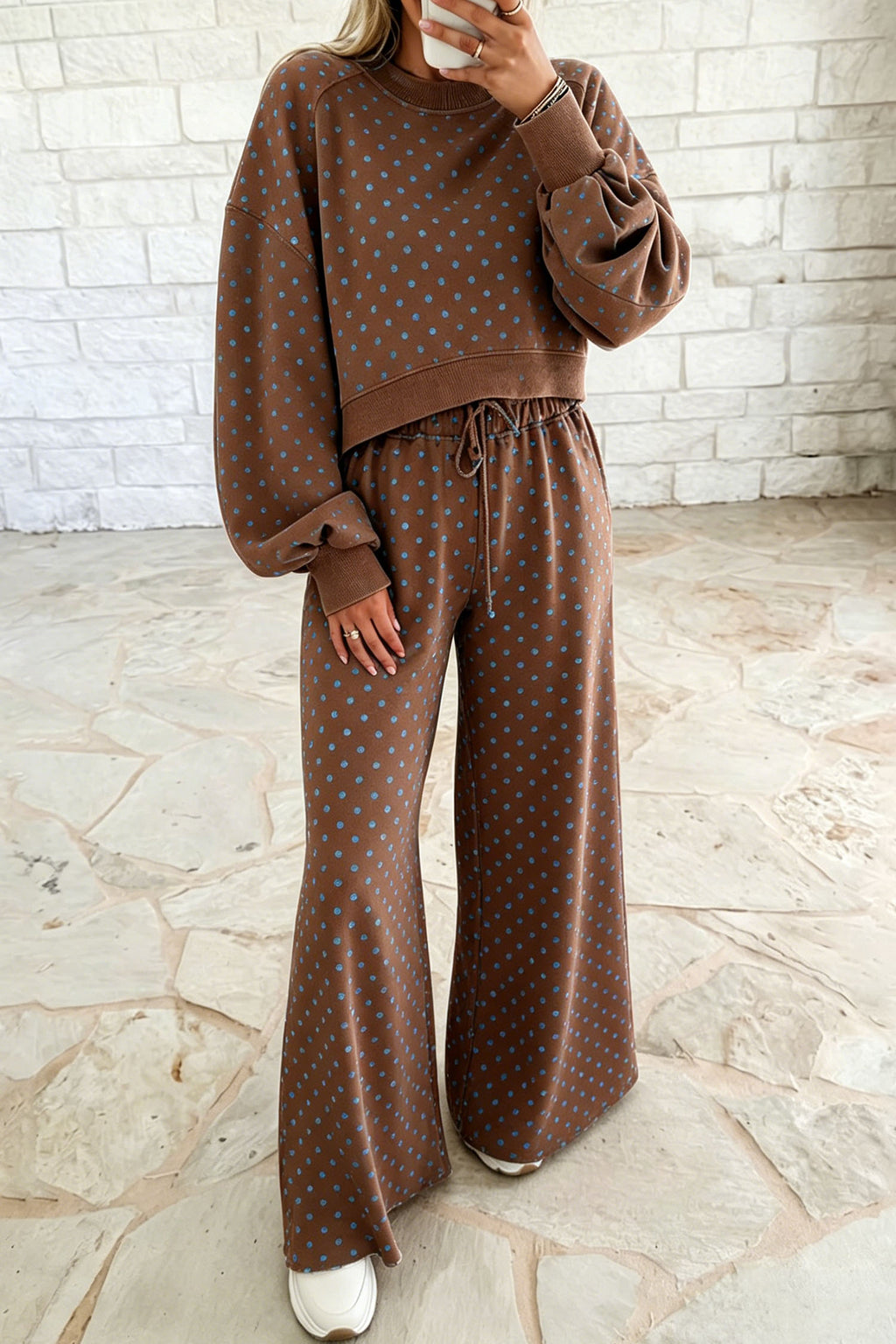 Brown Polka Dot Drawstring Wide Leg Long Sleeve Top Pant Set