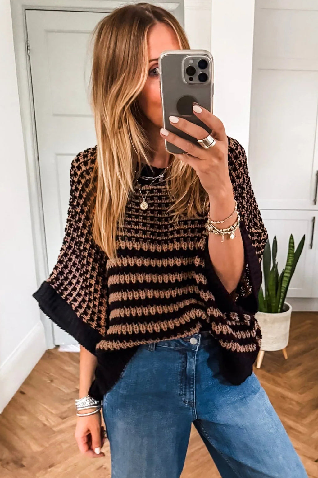 Red Stripe 3/4 Draped Sleeve Slouchy Sweater
