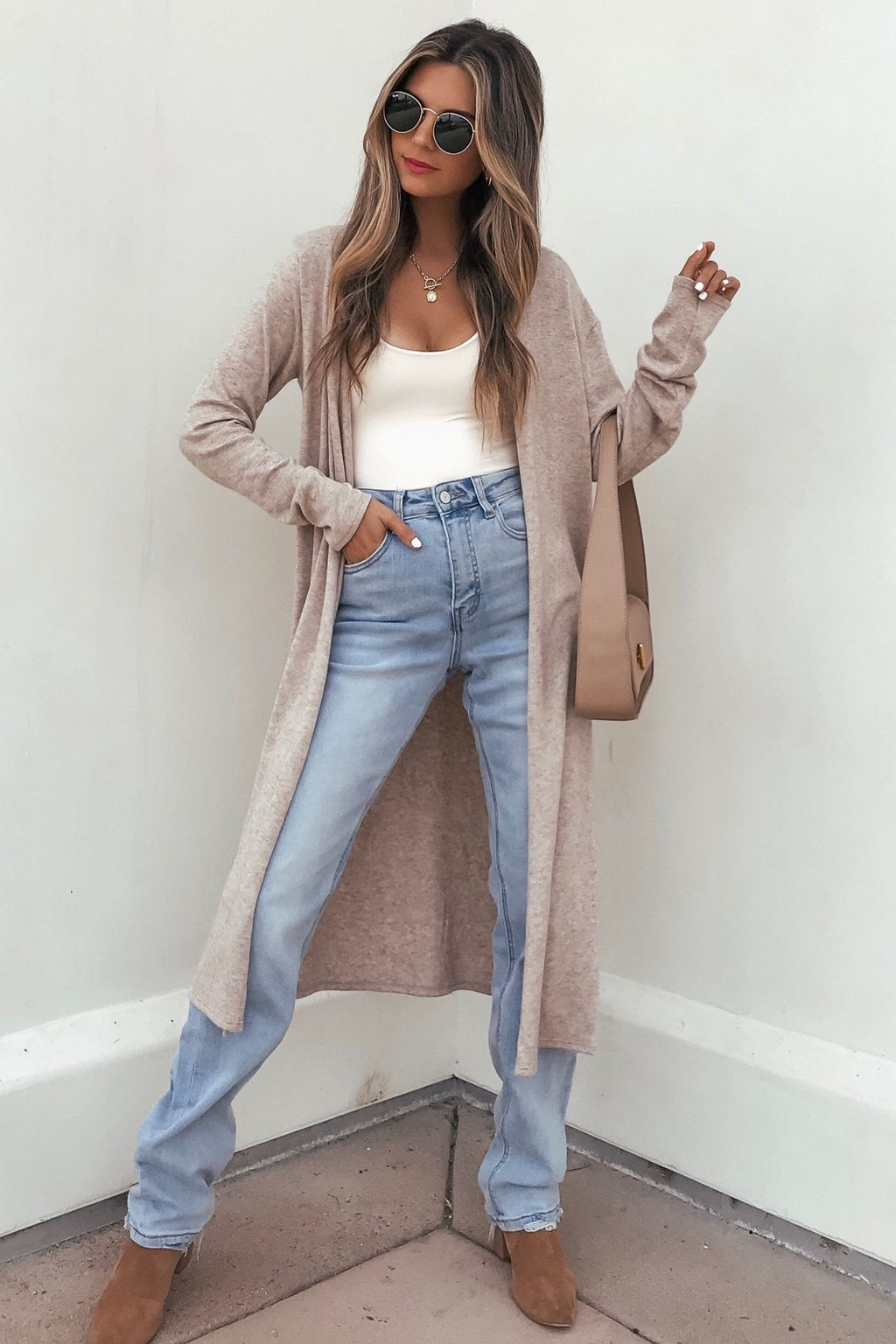 Dirty blue Solid Color Long Sleeve Casual Tunic Shift Cardigan