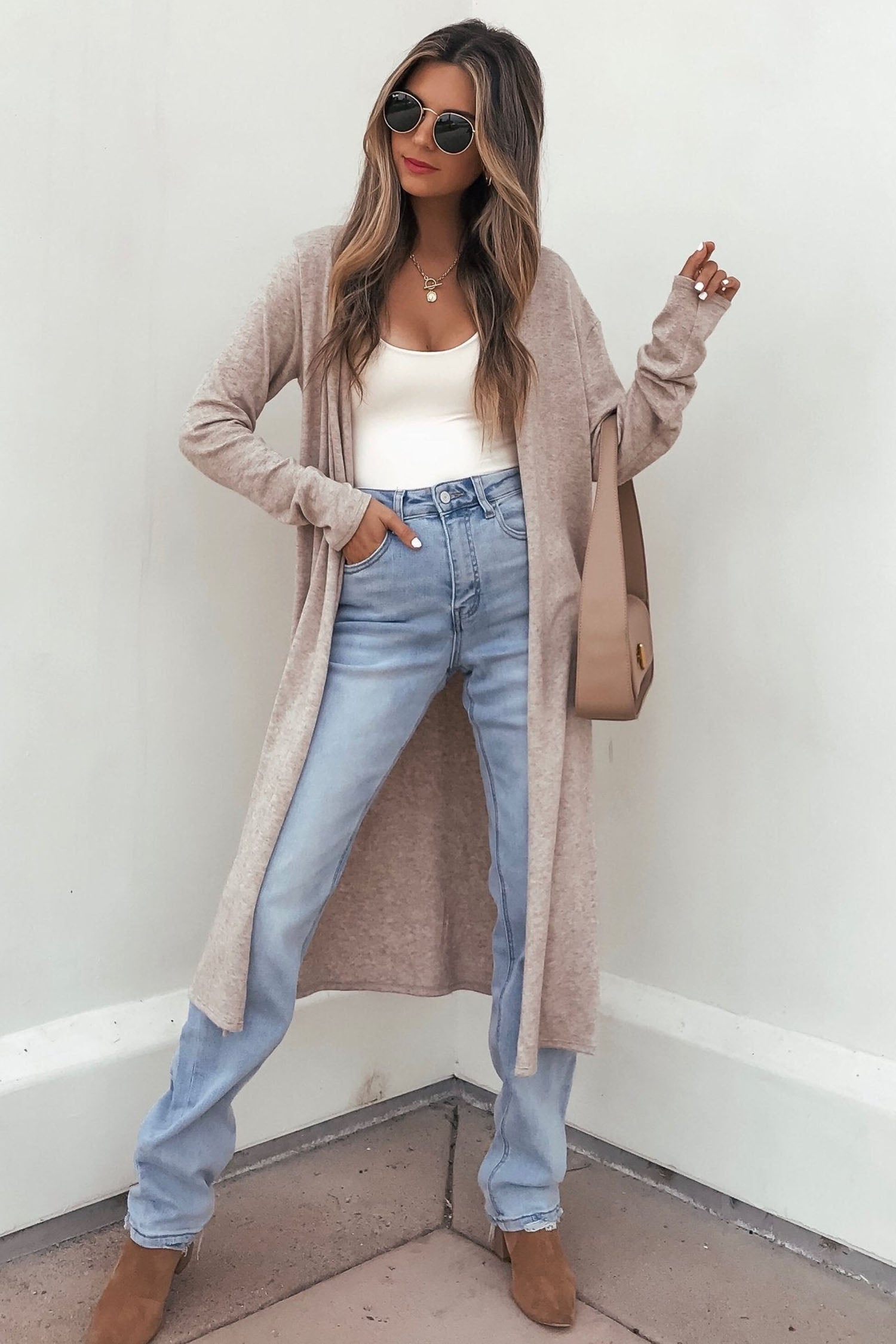 Dirty blue Solid Color Long Sleeve Casual Tunic Shift Cardigan