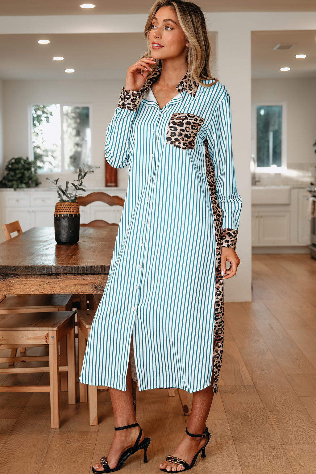 Brown Stripe Contrast Leopard Patchwork Shirt Dress