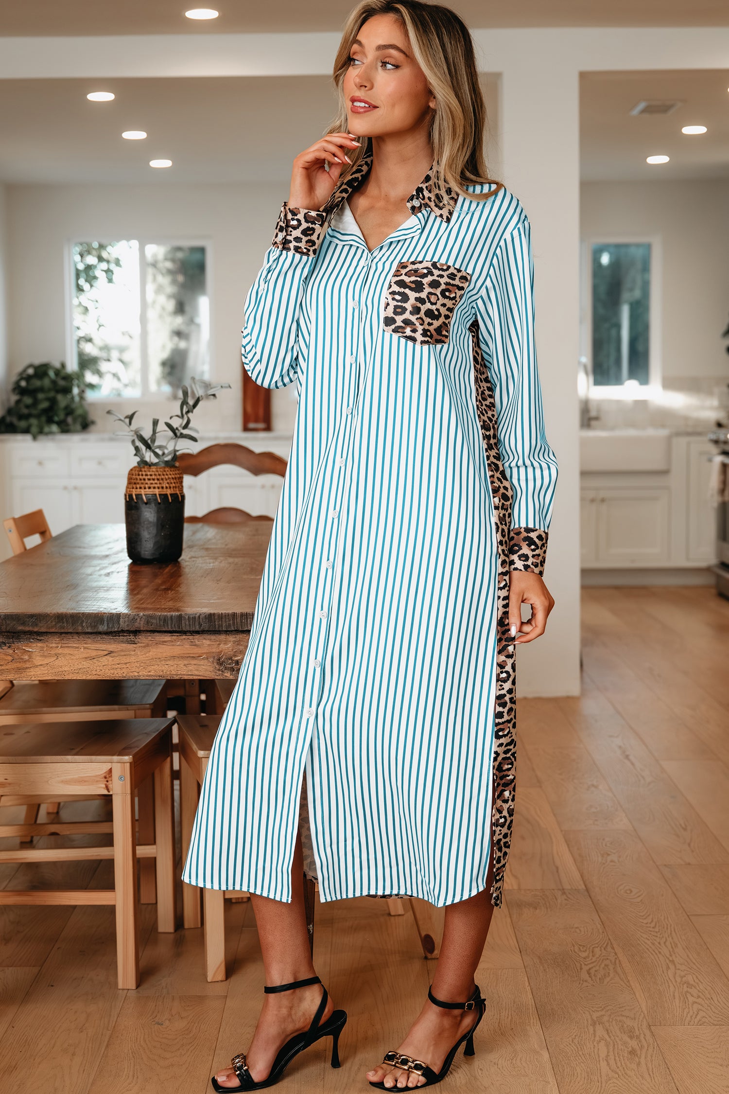 Brown Stripe Contrast Leopard Patchwork Shirt Dress