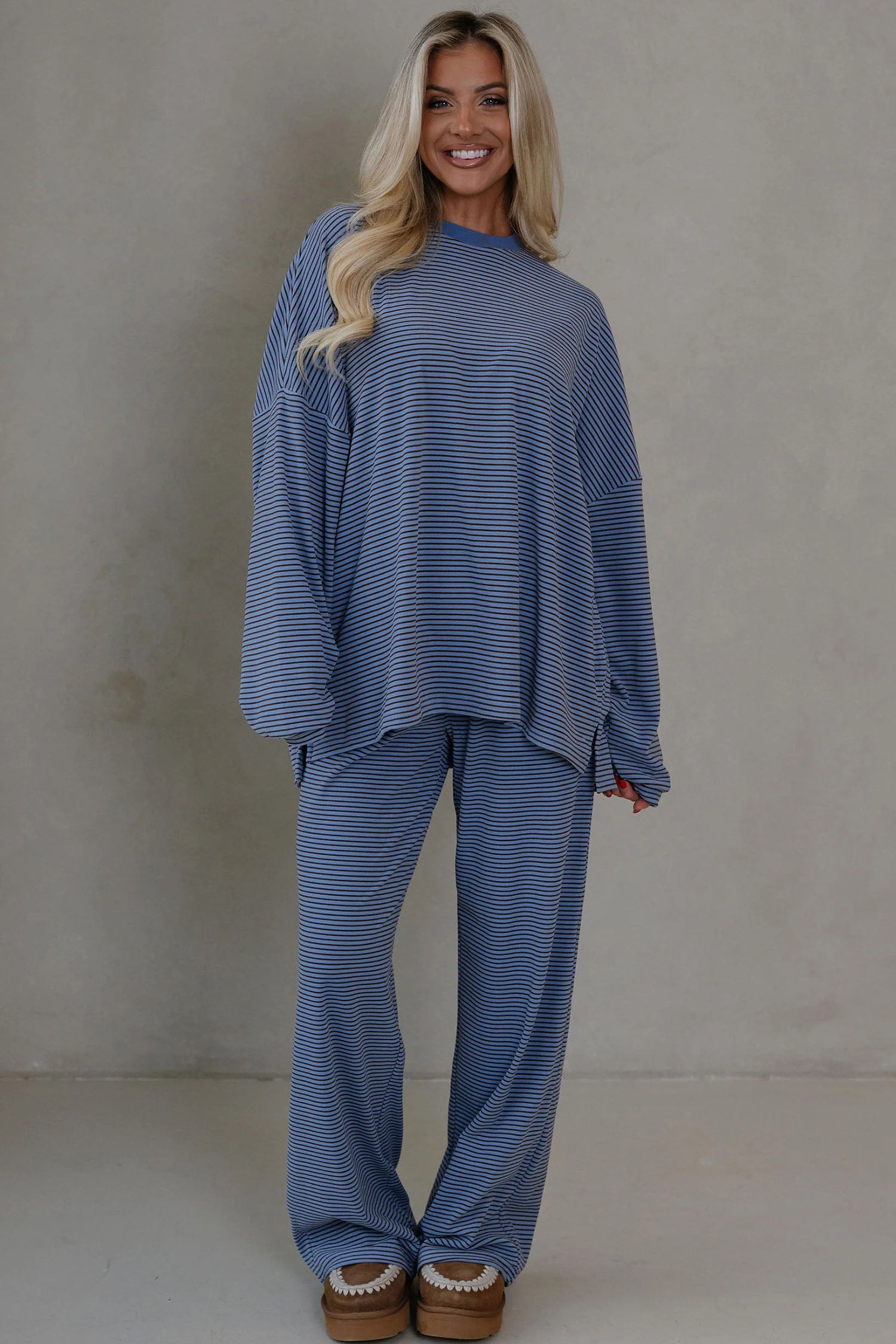 Pink Striped Drop Shoulder Long Sleeve Pant Set