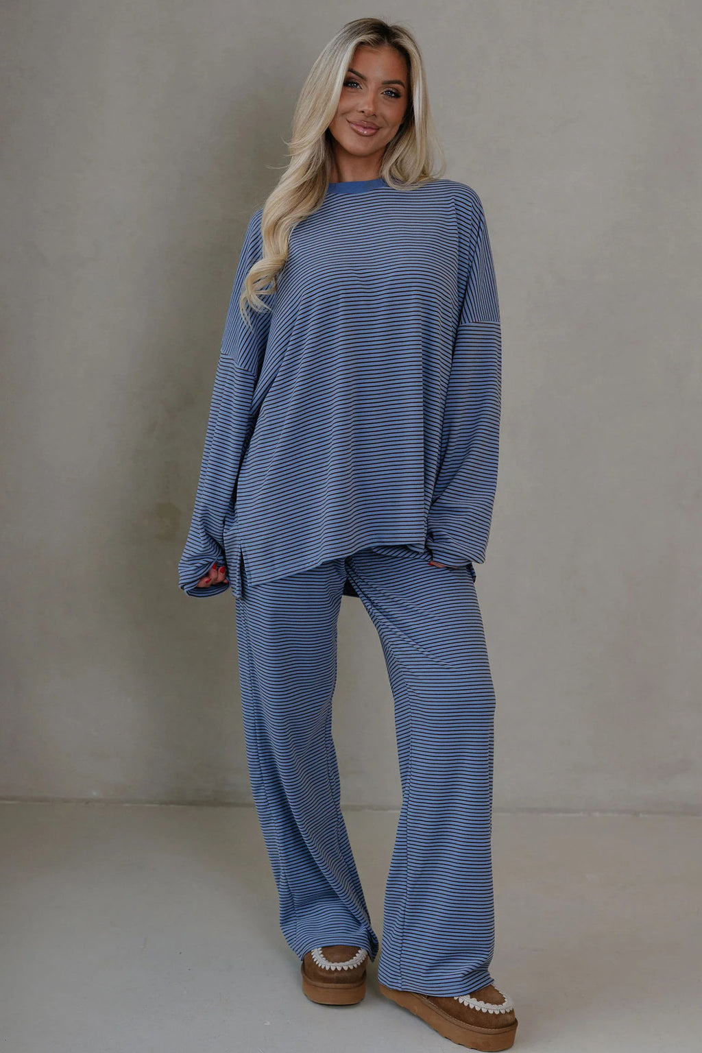 Pink Striped Drop Shoulder Long Sleeve Pant Set
