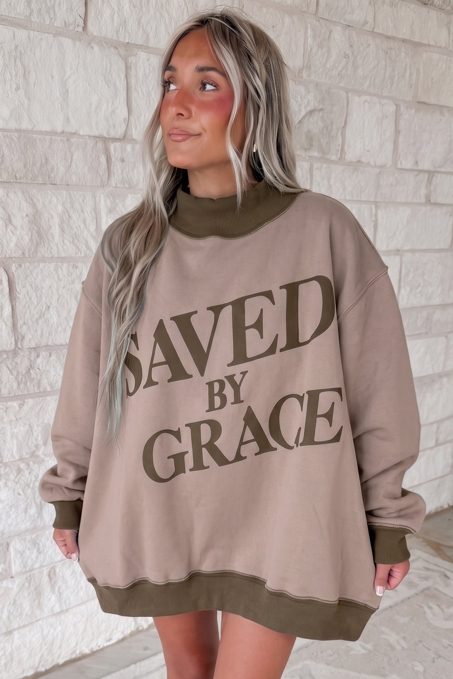 Beige Saved By Grace Print Color Block Mock Neck Oversized Sweatshirt