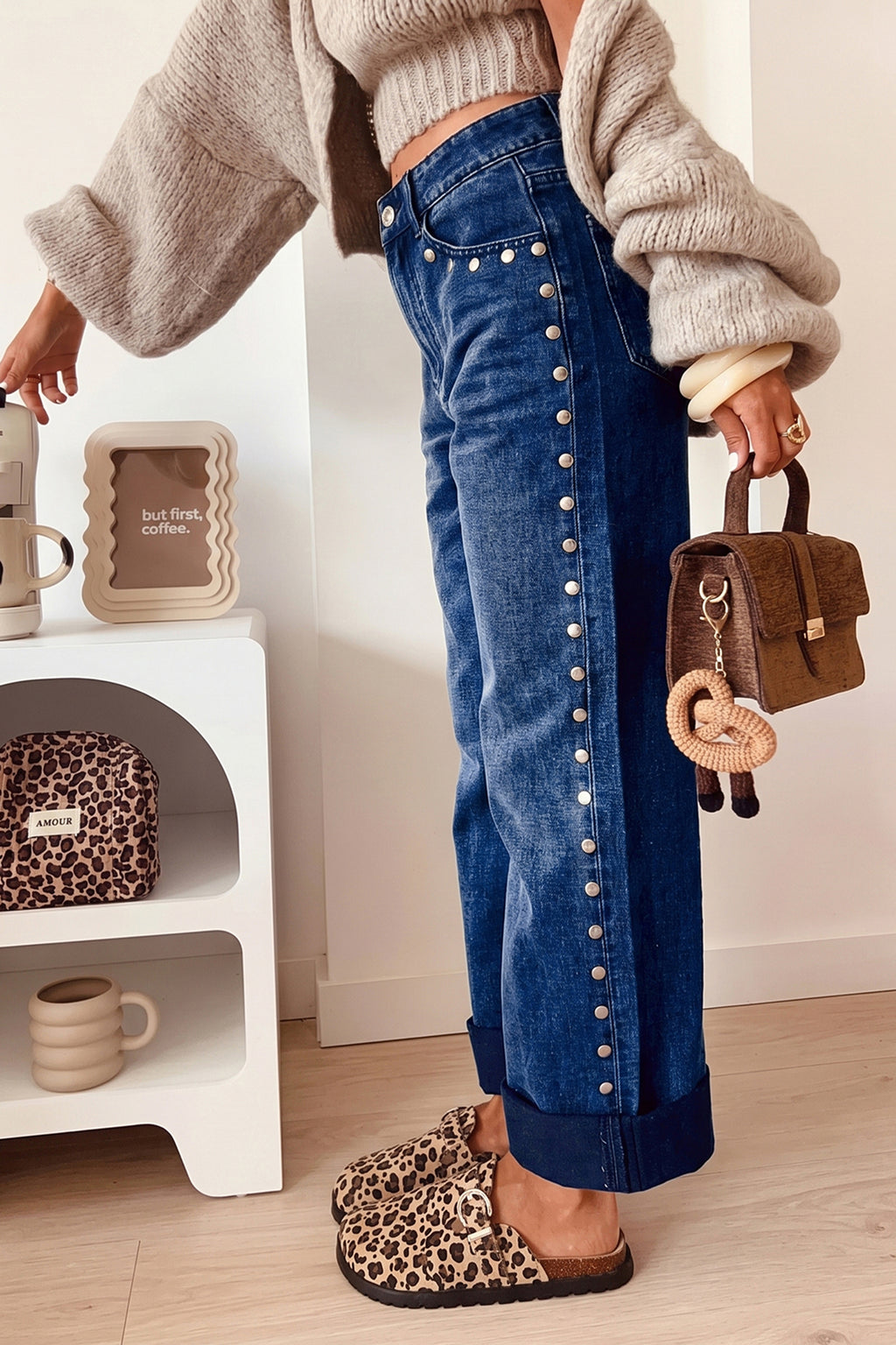 Black Studded Detail Straight Leg Casual Loose Jeans