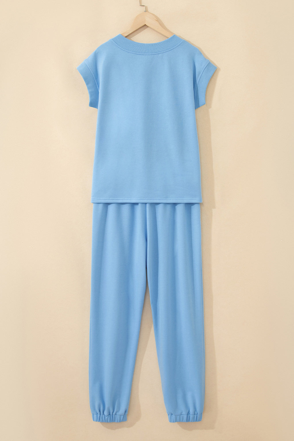 Mint Green Solid Color V Neck Tee Drawstring Pant Set