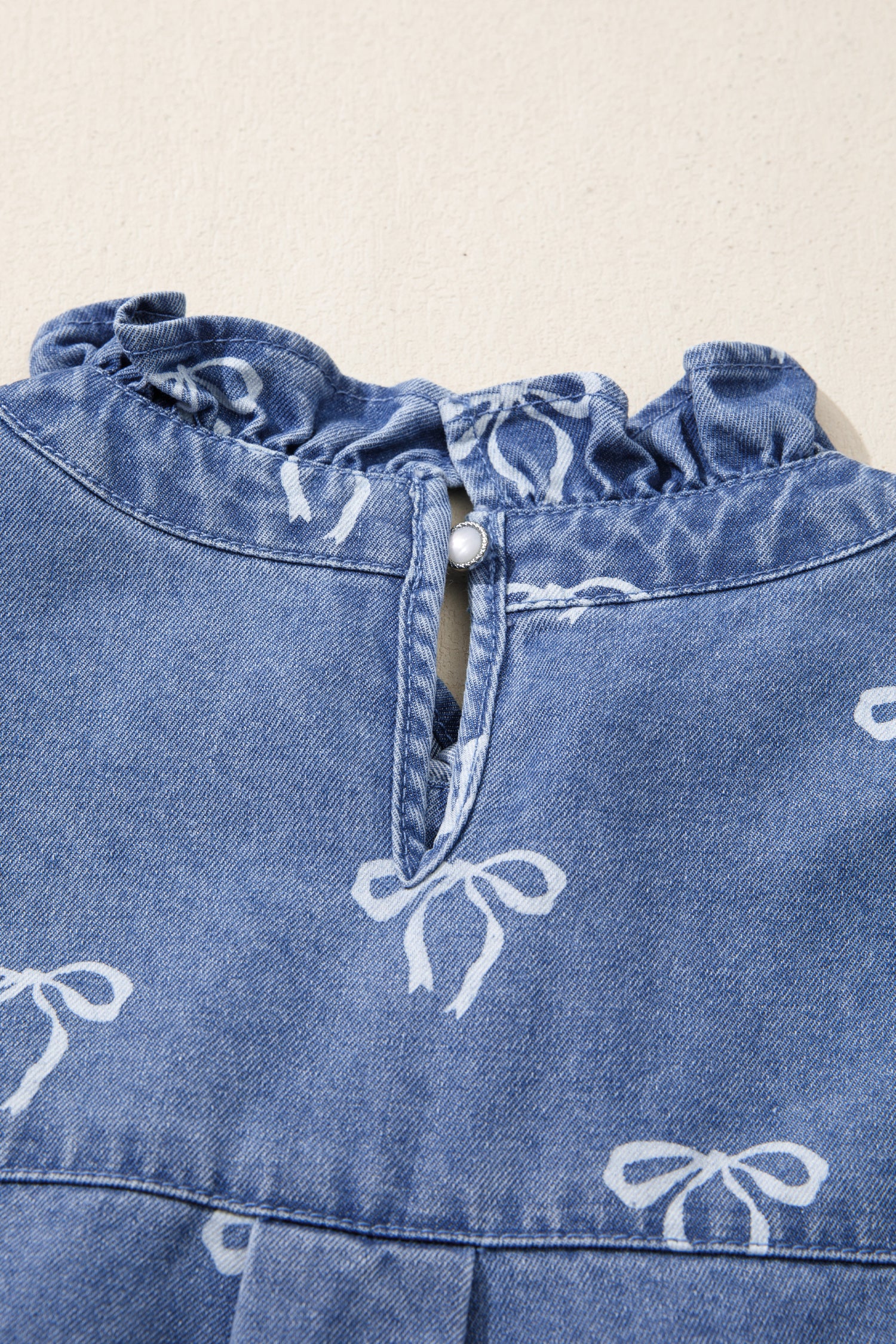White Frilled Collar Flutter Sleeve Denim Top