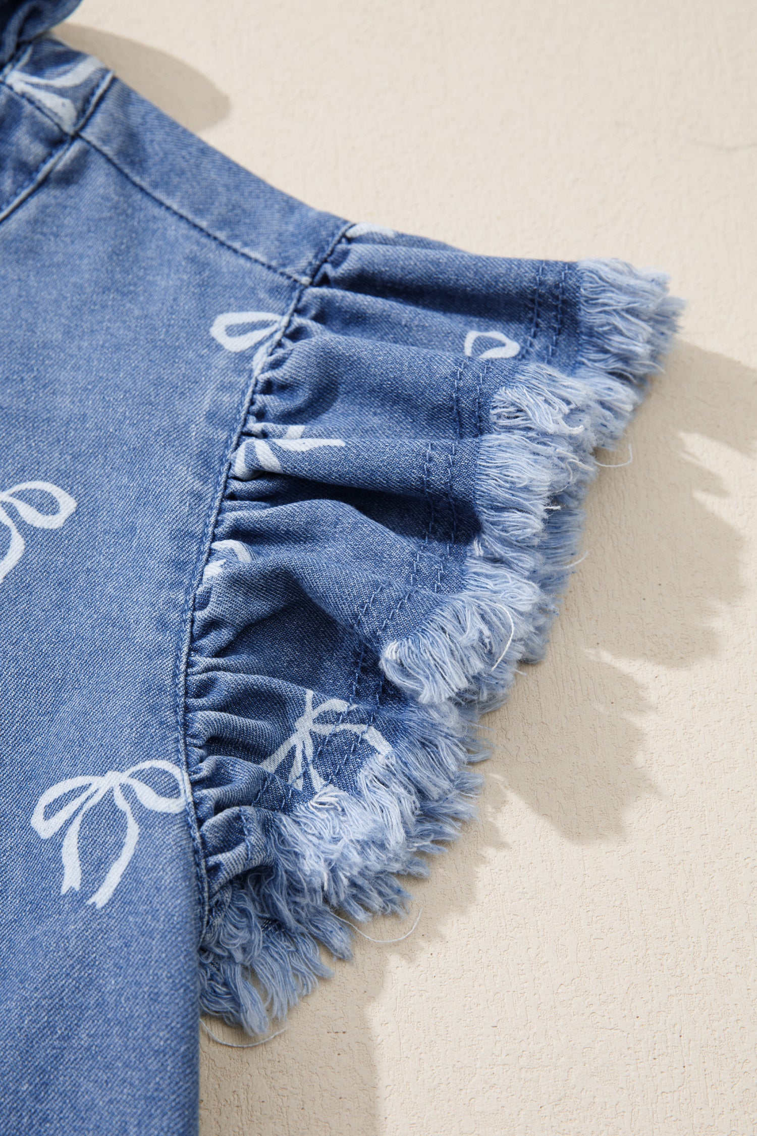 White Frilled Collar Flutter Sleeve Denim Top